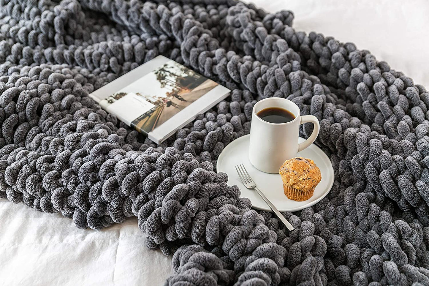 "Premium  Grey Chunky Knit Boho Throw Blanket - Oversized Cable Knit Blanket for Bed or Couch"