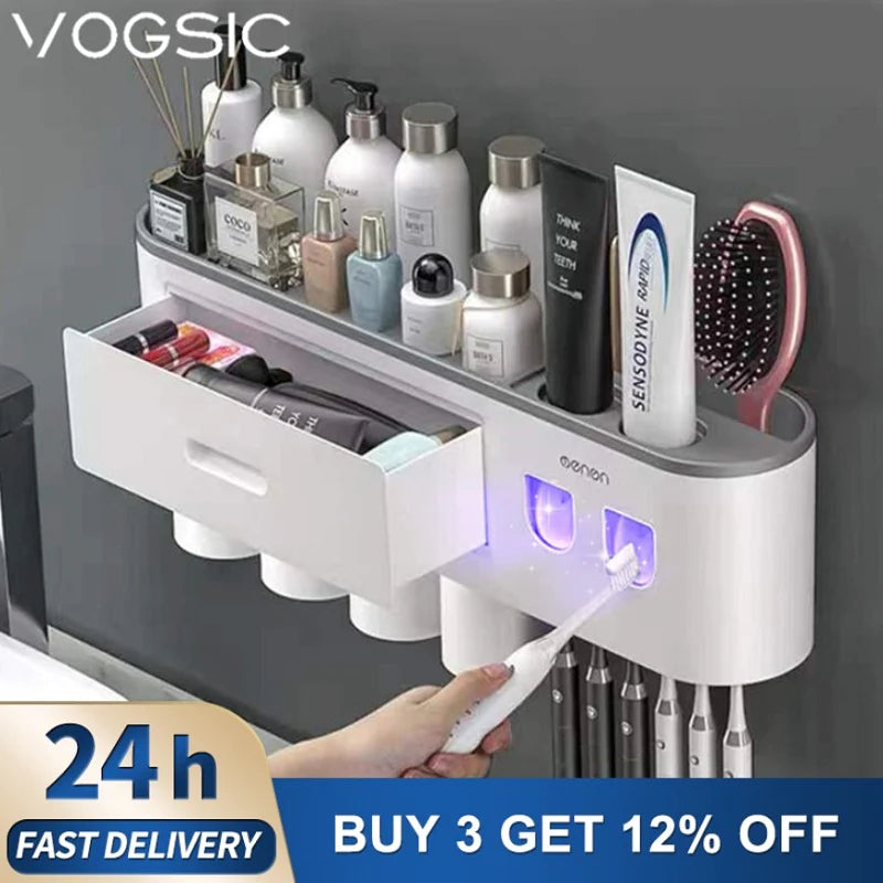 Professional Title: "Wall-Mounted Magnetic Toothbrush Holder with Waterproof Storage Box and Toothpaste Dispenser - Includes 2/3/4 Cups - Ideal Bathroom Accessory"