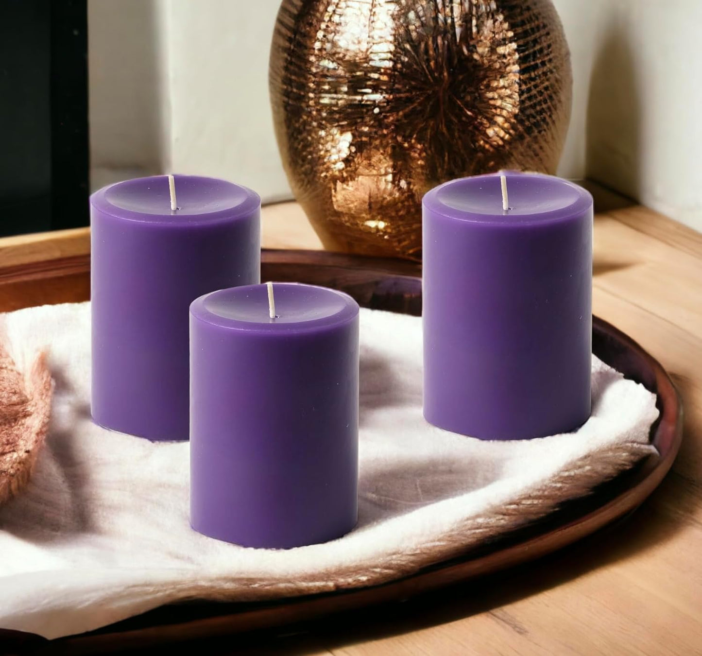 Set of 3 Hand Poured Solid Color Unscented Pillar Candles - 3" X 4" (Purple)