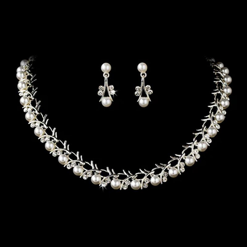Bridal Wedding Jewelry Set Crystal Rhinestone Pearl Sophisticated Silver White