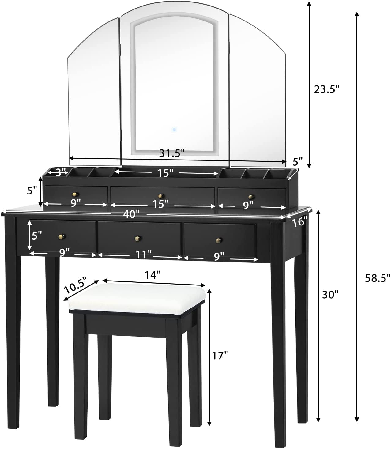 Professional title: " Large Vanity Set with Tri-Folding Lighted Mirror, Multiple Lighting Modes, Ample Storage Space, Bedroom Makeup Dressing Table with Comfortable Stool, Elegant Black Design"
