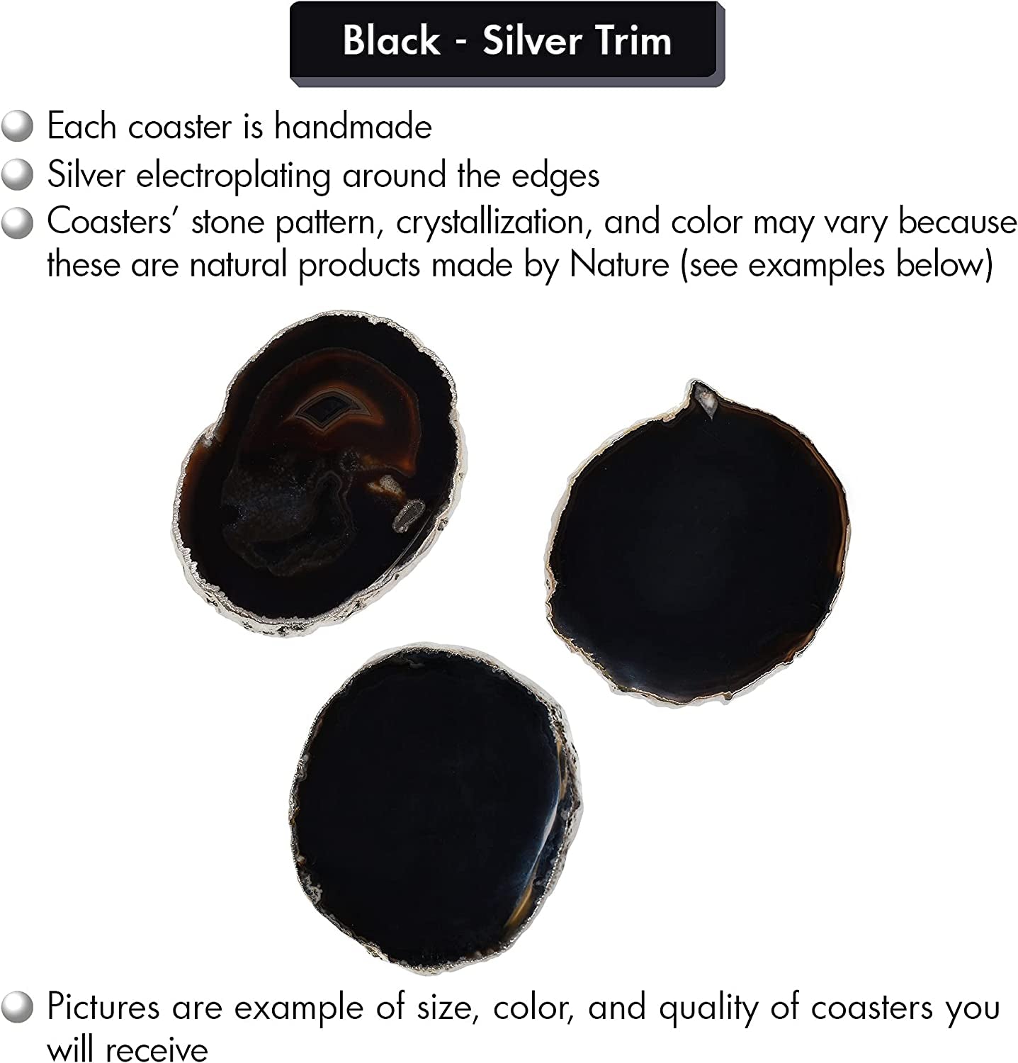 Premium Black Silver Rimmed Agate Coasters - Set of 4, Genuine Stone Table Mats for Dining & Drinks Coffee Table & Kitchen Geode Decor Non-Toxic 3.5-4” Diameter