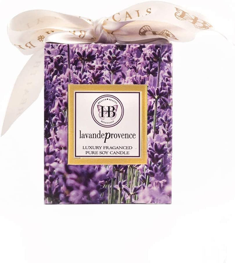 HB Botanicals Luxury Candle Lavande Provence Highly Scented Soy Candle Lavender Wax. Clean Burn in 7.5 Oz Frosted Gold Glass. Beautiful Gold Embossed Gift Box. Gift Wrapped! Safe Cotton Wick
