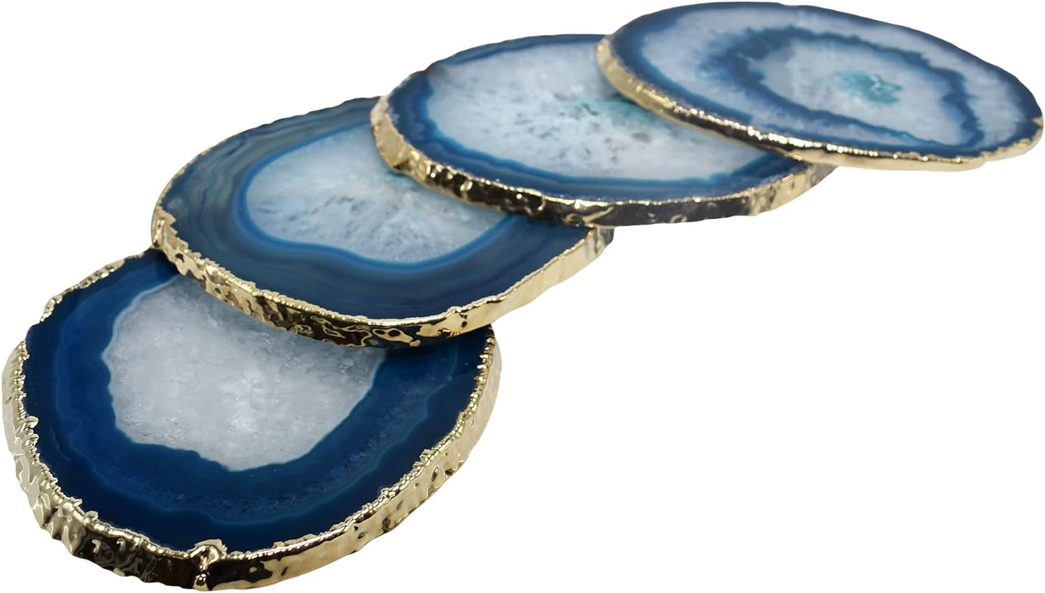 Premium Teal Gold Rimmed Agate Coasters - Set of 4, Genuine Stone Table Mats for Dining & Drinks Coffee Table & Kitchen Geode Decor Non-Toxic 4.5-5" Diameter
