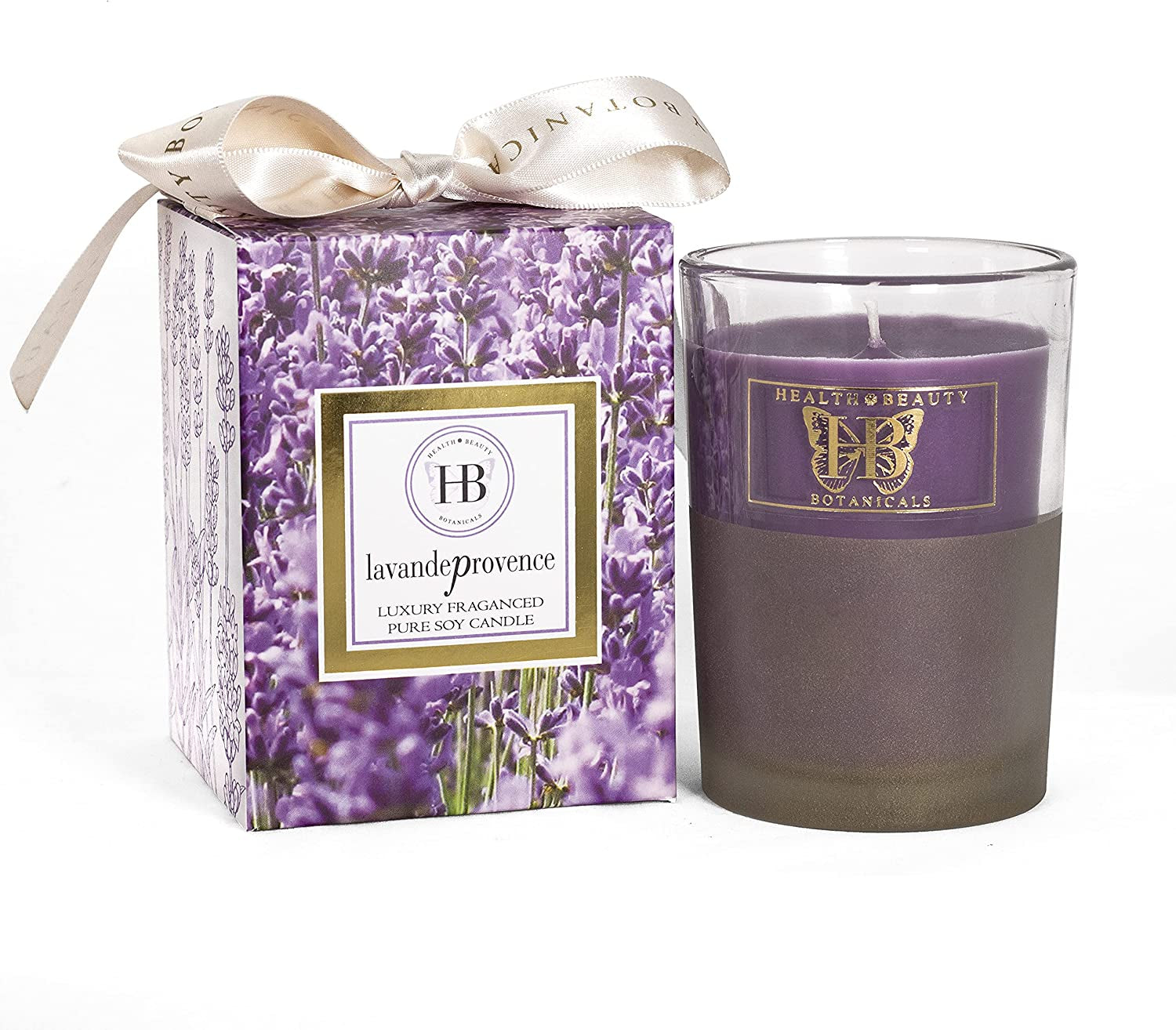 HB Botanicals Luxury Candle Lavande Provence Highly Scented Soy Candle Lavender Wax. Clean Burn in 7.5 Oz Frosted Gold Glass. Beautiful Gold Embossed Gift Box. Gift Wrapped! Safe Cotton Wick