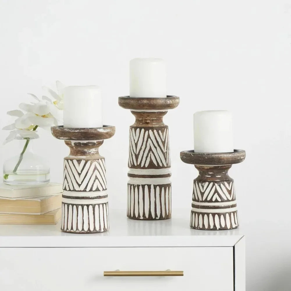 Candle Holders Set of 3 Candle Mango Wood Tribal Pillar Candle Holder Home Decorations Candles & Holders Modern Home Decoration