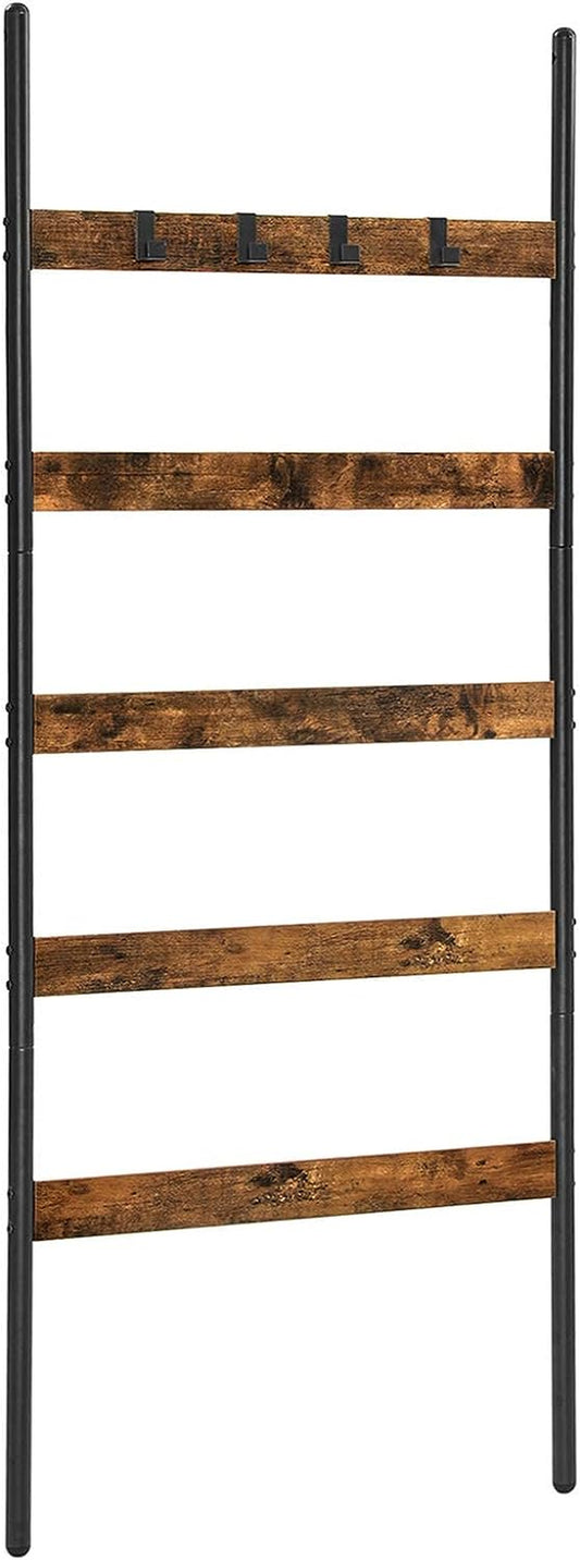 5-Tier Blanket Ladder Shelf, Wall-Leaning Rack, Steel Construction, 25.6 Inch Wide, Suitable for Scarves, Industrial Style, Rustic Brown and Black Finish ULLS011B01