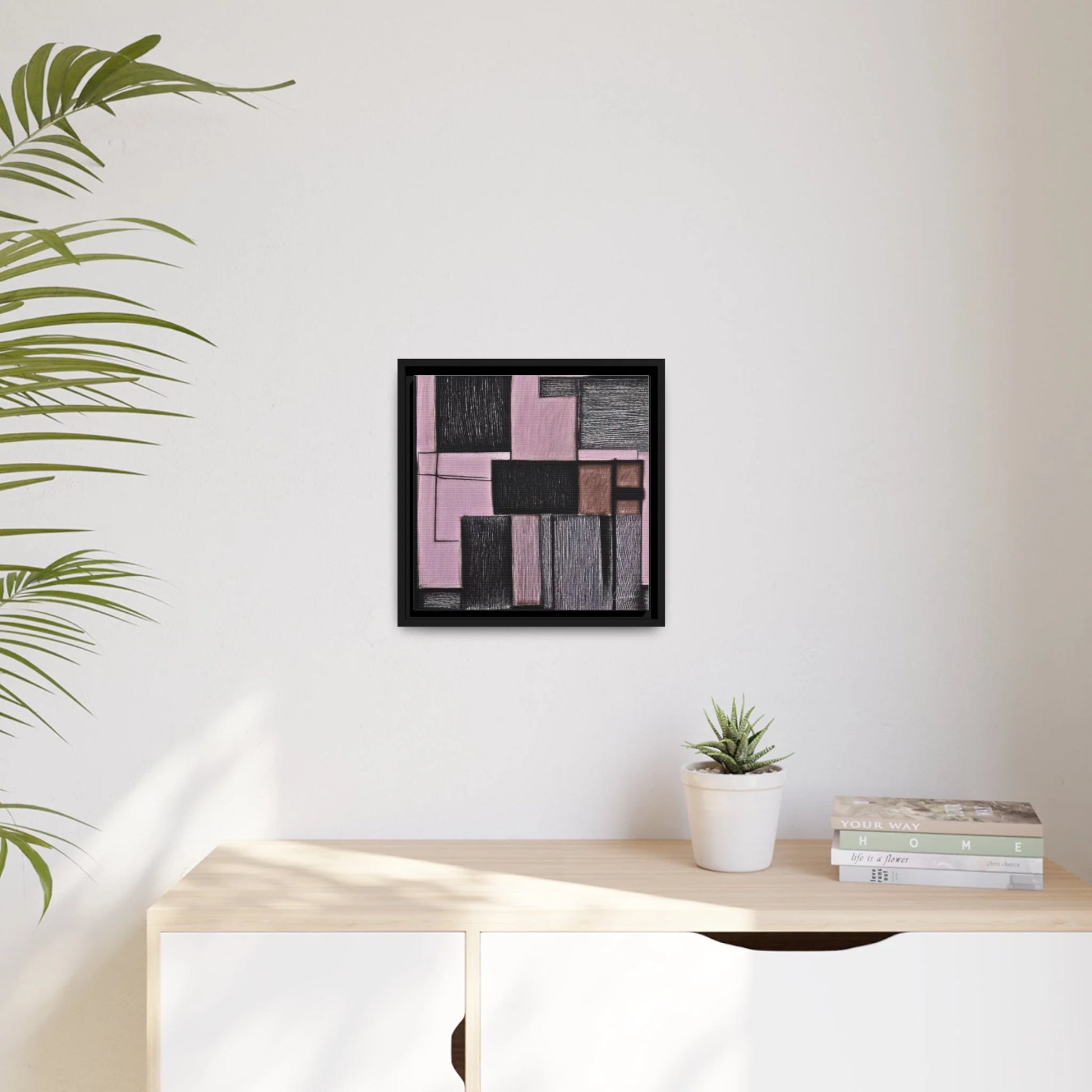 "Queennoble Pink Geometric Canvas Wall Art with Matte and Frame"