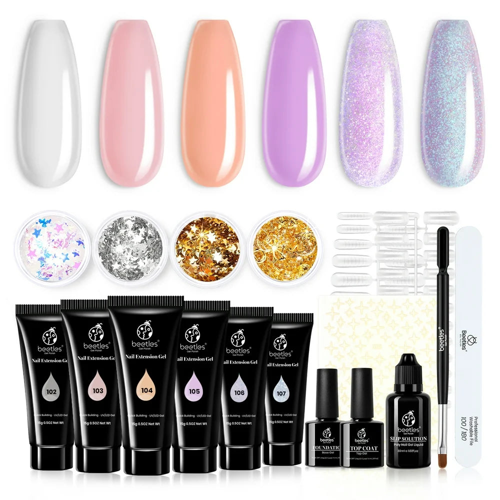 Professional Title: "Complete Poly Extension Nail Gel Kit with 6 Poly Colors, Clear Pink Glitter, Butterfly Star Decals, Slip Solution, and Extension Gel Nail Brush - All-in-One Poly Nail Enhancement System"