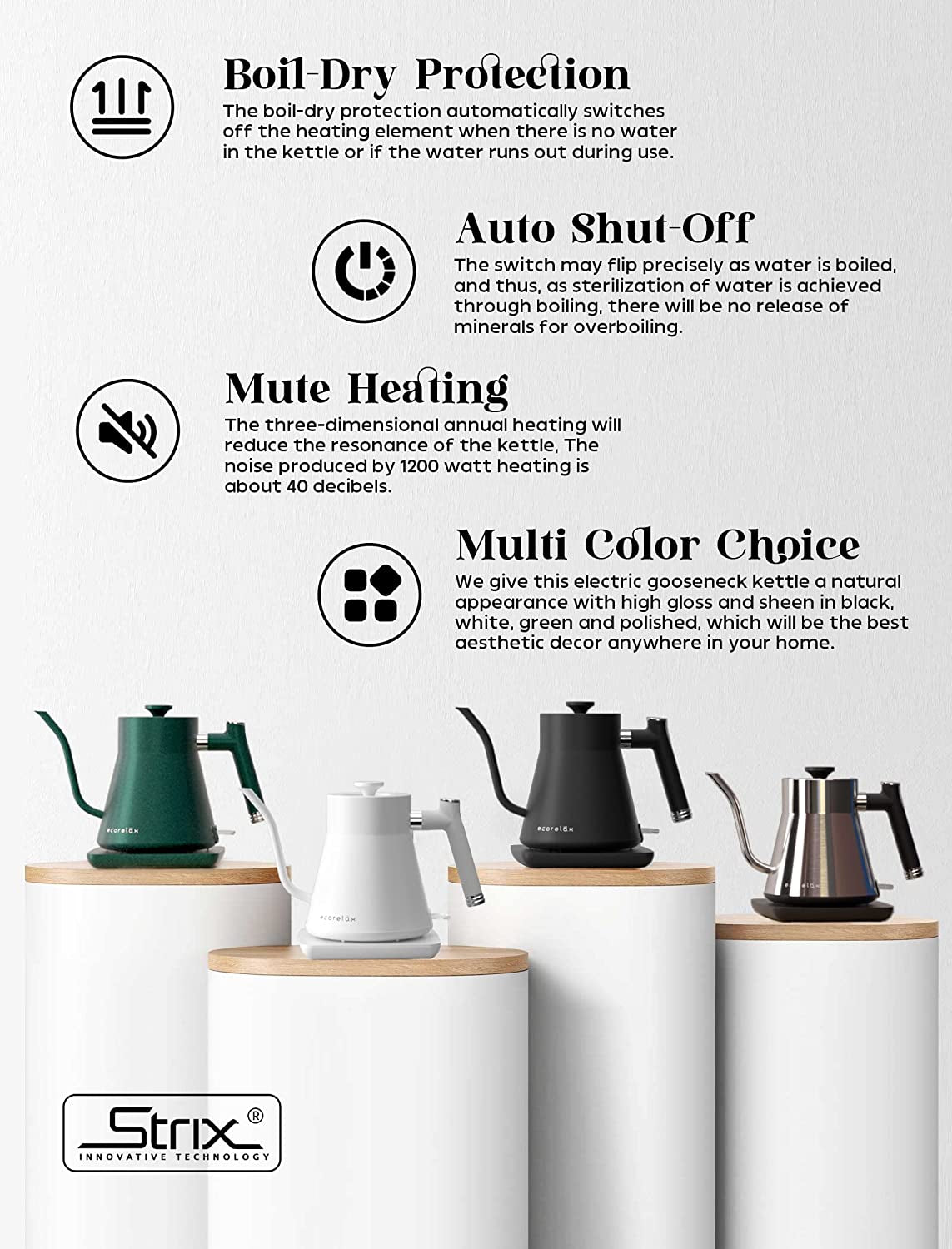  Gooseneck Electric Kettle - Stainless Steel, Rapid Heating, Strix Boil-Dry Protection, 0.8L Capacity, Matte White