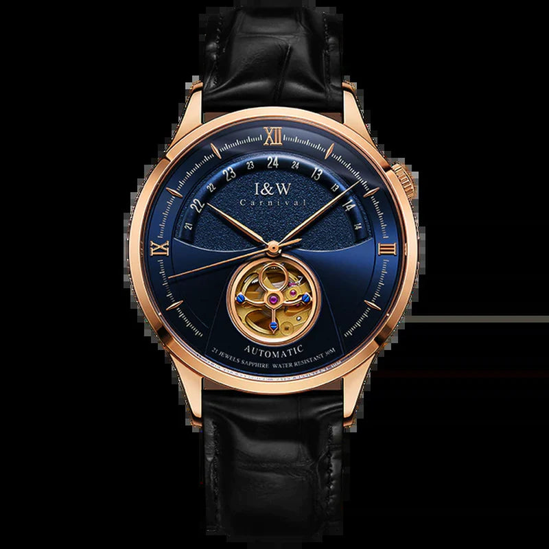 "Exquisite Blue Tourbillon Mechanical Watch for Men with I&W MIYOTA Automatic Movement, Sapphire Glass, Waterproof Design, and Italy Leather Band - Reloj Hombre"