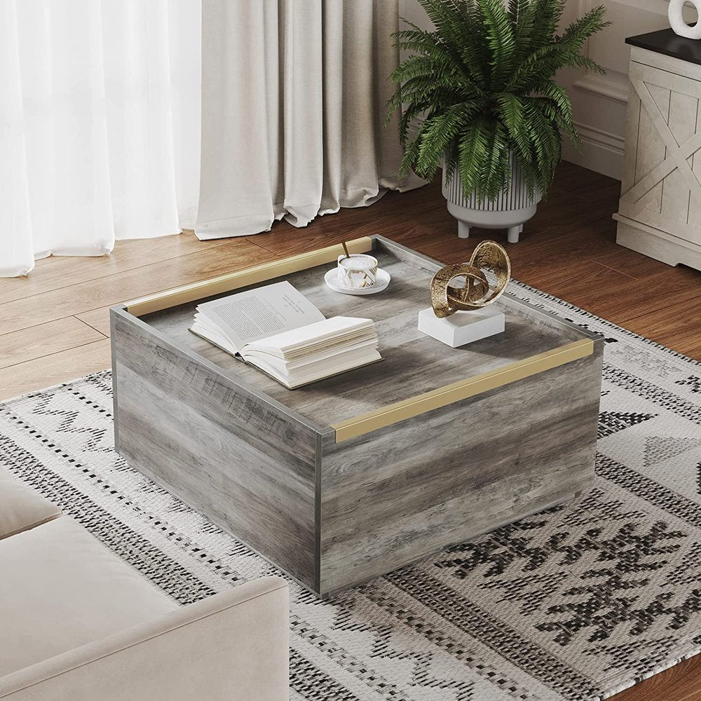 Square Coffee Table with Storage, Manhattan Gate Center Table for Living Room, Bedroom, Grey Wash