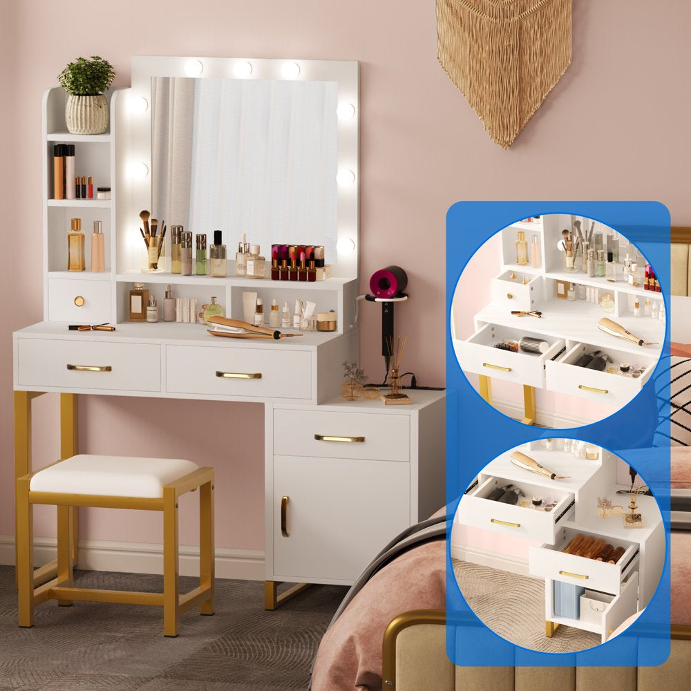 Makeup Vanity with Lights, Vanity Mirror, and Drawers, White Vanity with Adjustable Lighting and Power Outlet